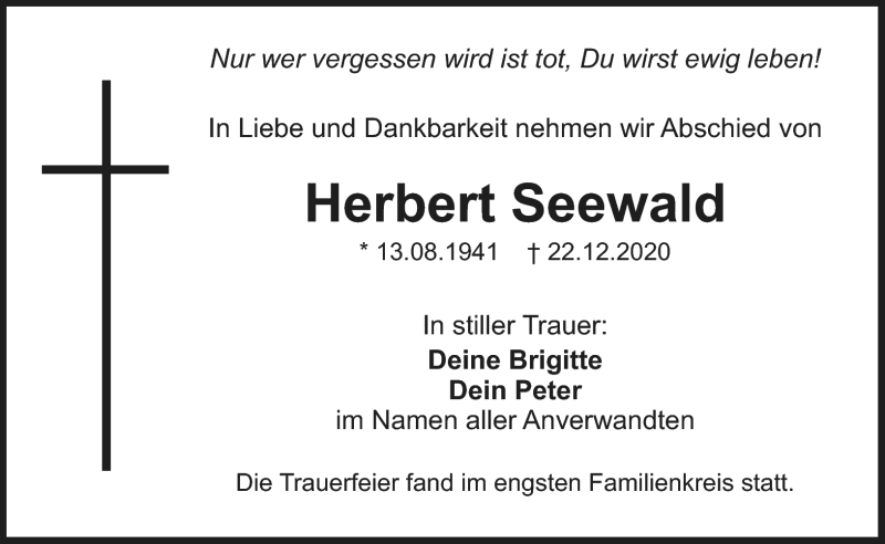  Traueranzeige für Herbert Seebald vom 30.12.2020 aus Nordbayerischer Kurier