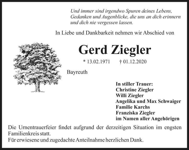  Traueranzeige für Gerd Ziegler vom 04.12.2020 aus Nordbayerischer Kurier
