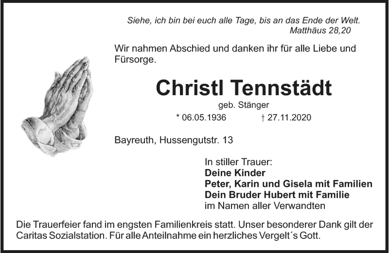 Traueranzeige für Christl Tennstädt vom 11.12.2020 aus Nordbayerischer Kurier
