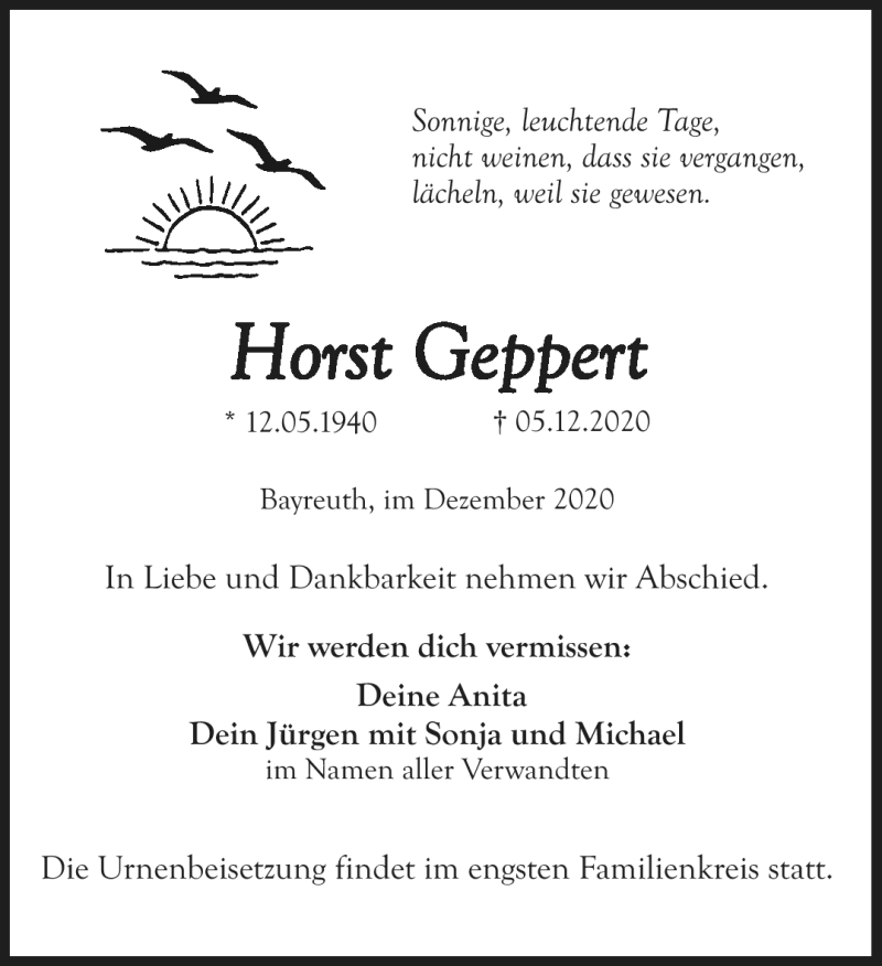  Traueranzeige für Horst Geppert vom 12.12.2020 aus Nordbayerischer Kurier