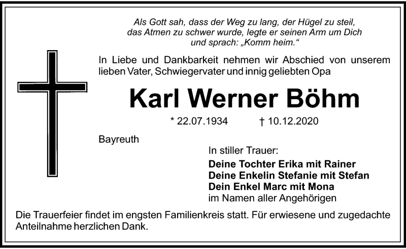  Traueranzeige für Karl Werner Böhm vom 16.12.2020 aus Nordbayerischer Kurier