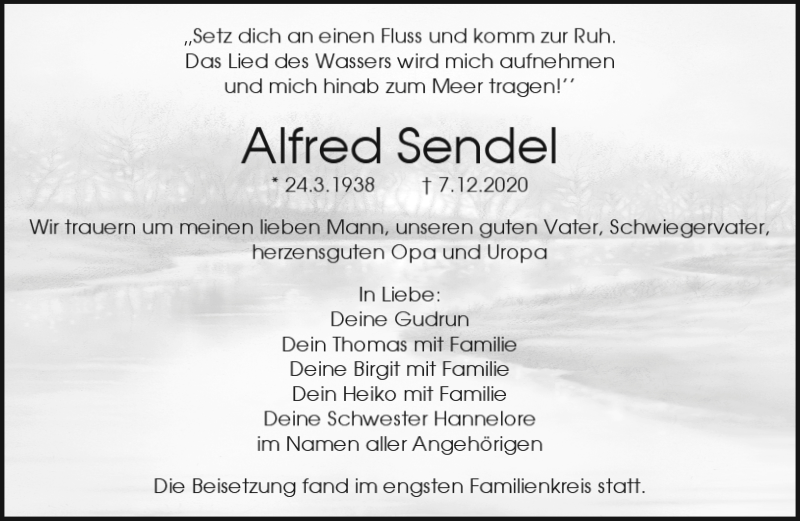  Traueranzeige für Alfred Sendel vom 19.12.2020 aus Nordbayerischer Kurier