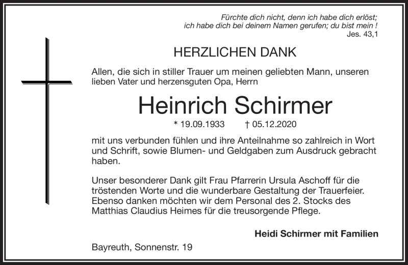  Traueranzeige für Heinrich Schirmer vom 19.12.2020 aus Nordbayerischer Kurier