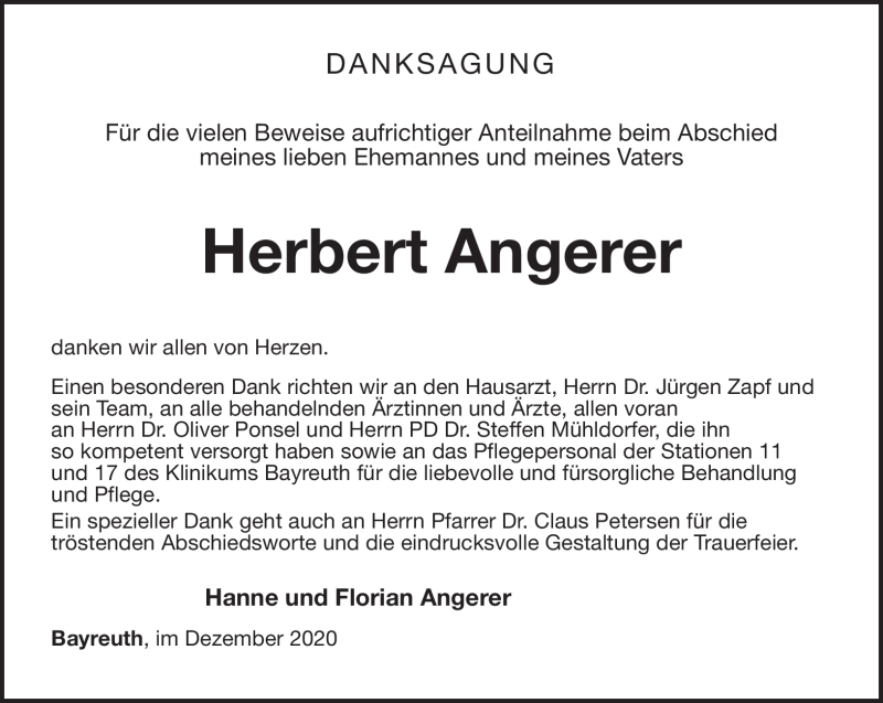  Traueranzeige für Herbert Angerer vom 22.12.2020 aus Nordbayerischer Kurier
