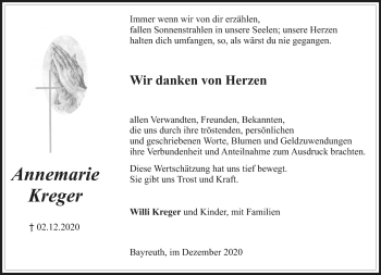 Anzeige von Annemarie Kreger von Nordbayerischer Kurier