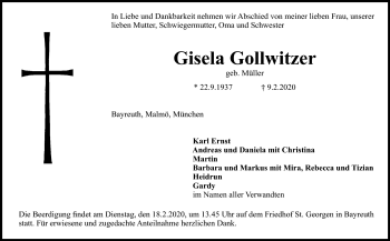 Anzeige von Gislea Gollwitzer von Nordbayerischer Kurier