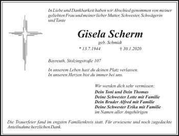 Anzeige von Gisela Scherm von Nordbayerischer Kurier