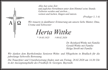 Anzeige von Herta Wittke von Nordbayerischer Kurier