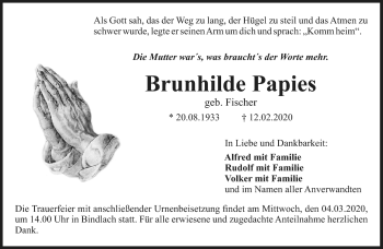 Anzeige von Brunhilde Papies von Nordbayerischer Kurier