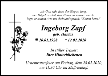 Anzeige von Ingeborg Zapf von Nordbayerischer Kurier