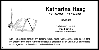 Anzeige von Katharina Haag von Nordbayerischer Kurier