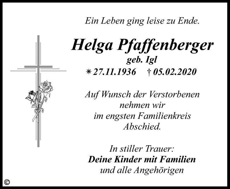  Traueranzeige für Helga Pfaffenberger vom 08.02.2020 aus Nordbayerischer Kurier