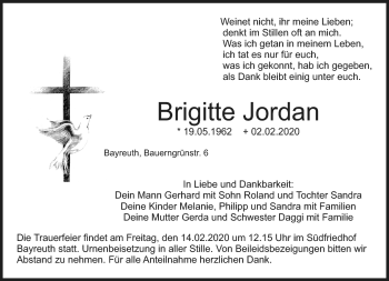 Anzeige von Brigitte Jordan von Nordbayerischer Kurier