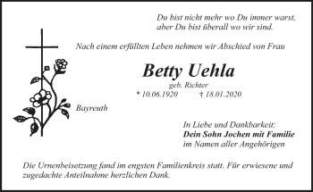 Anzeige von Betty Uehla von Nordbayerischer Kurier