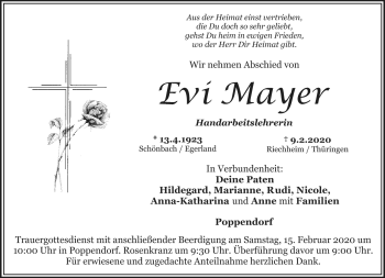 Anzeige von Evi Mayer von Nordbayerischer Kurier