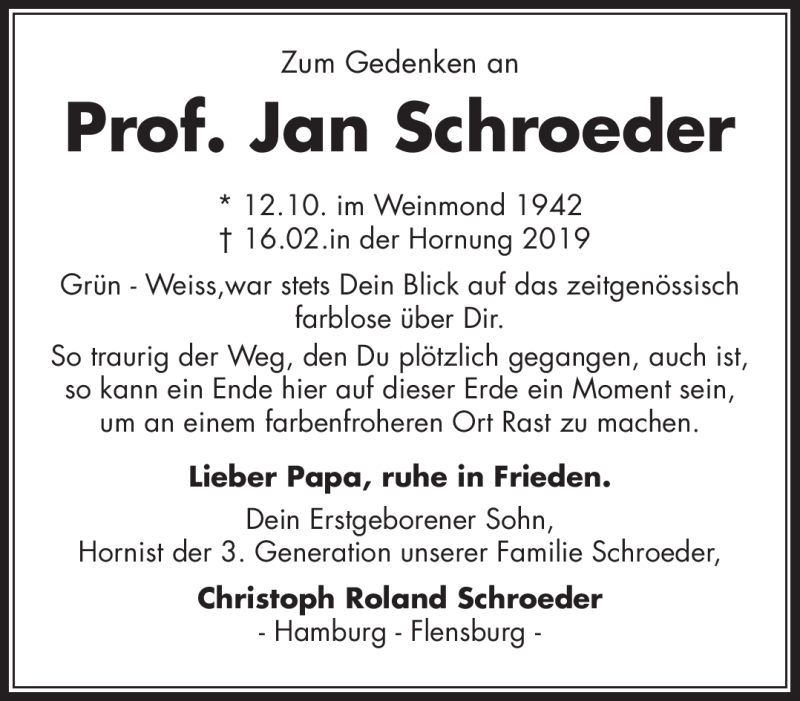  Traueranzeige für Jan Schroeder vom 15.02.2020 aus Nordbayerischer Kurier
