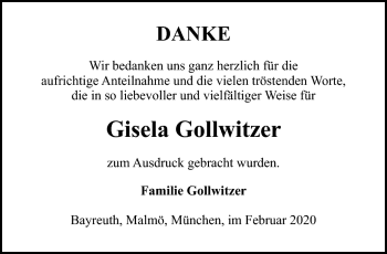 Anzeige von Gisela Gollwitzer von Nordbayerischer Kurier