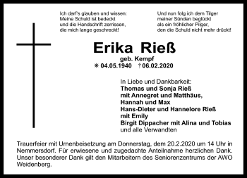 Anzeige von Erika Rieß von Nordbayerischer Kurier