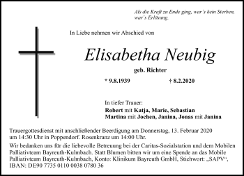 Anzeige von Elisabetha Neubig von Nordbayerischer Kurier