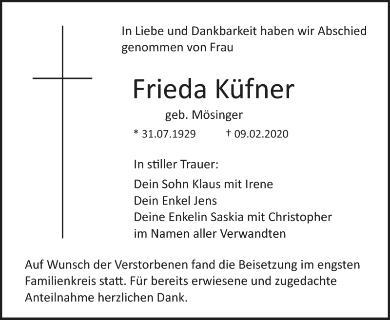  Traueranzeige für Frieda Küfner vom 15.02.2020 aus Nordbayerischer Kurier