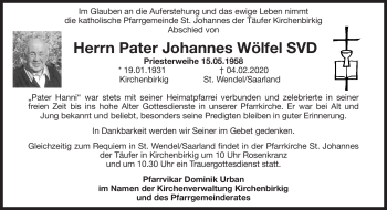 Anzeige von Johannes Wölfel von Nordbayerischer Kurier