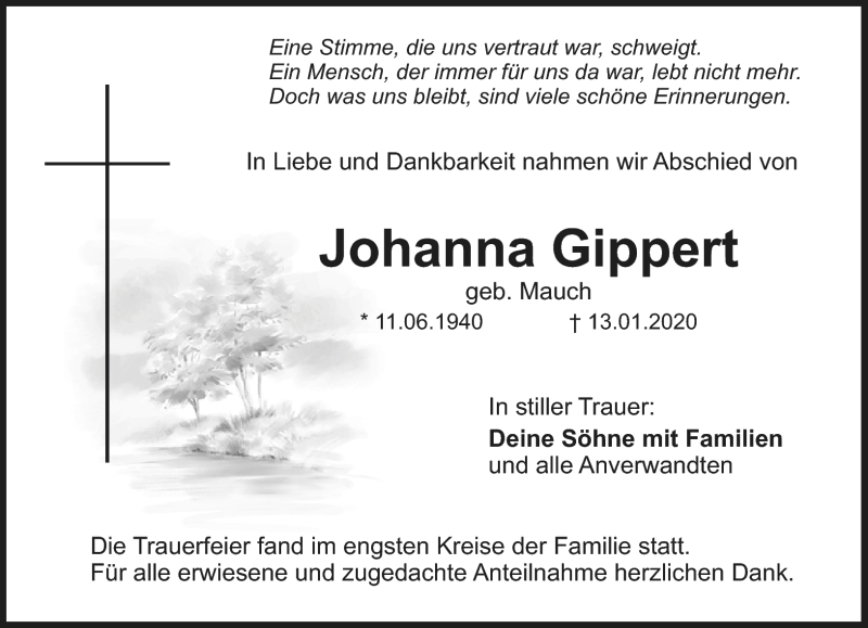  Traueranzeige für Johanna Gippert vom 01.02.2020 aus Nordbayerischer Kurier