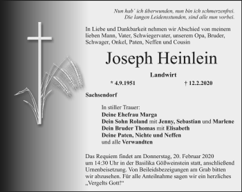 Anzeige von Joseph Heinlein von Nordbayerischer Kurier