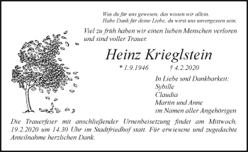 Anzeige von Heinz Krieglstein von Nordbayerischer Kurier