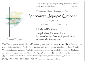 Anzeige von Margareta Gräbner von Nordbayerischer Kurier