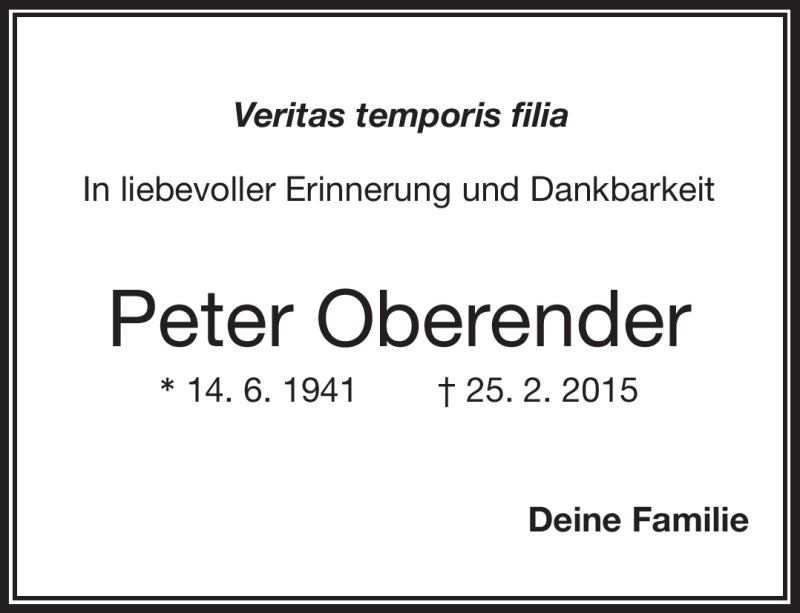  Traueranzeige für Peter Oberender vom 25.02.2020 aus Nordbayerischer Kurier