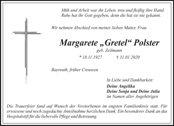 Anzeige von Margaretete Polster von Nordbayerischer Kurier