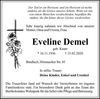 Anzeige von Eveline Demel von Nordbayerischer Kurier