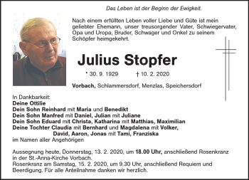 Anzeige von Julius Stopfer von Nordbayerischer Kurier