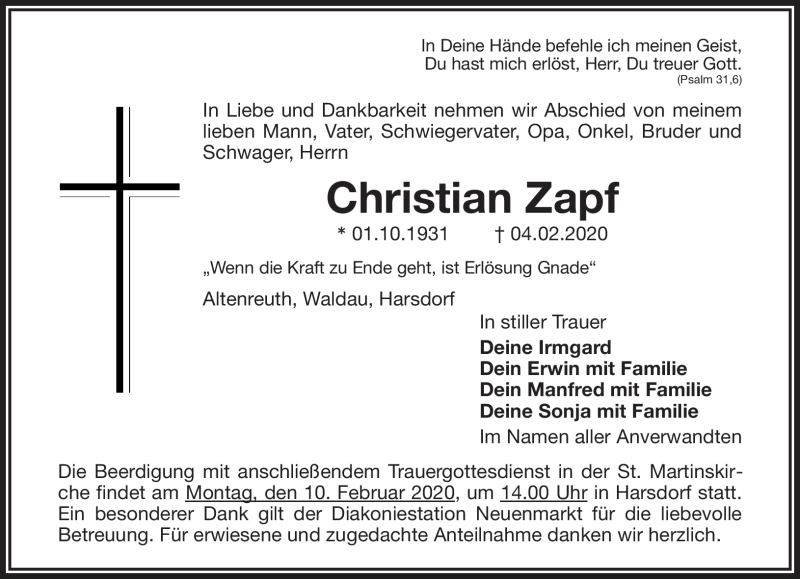  Traueranzeige für Christian Zapf vom 07.02.2020 aus Nordbayerischer Kurier