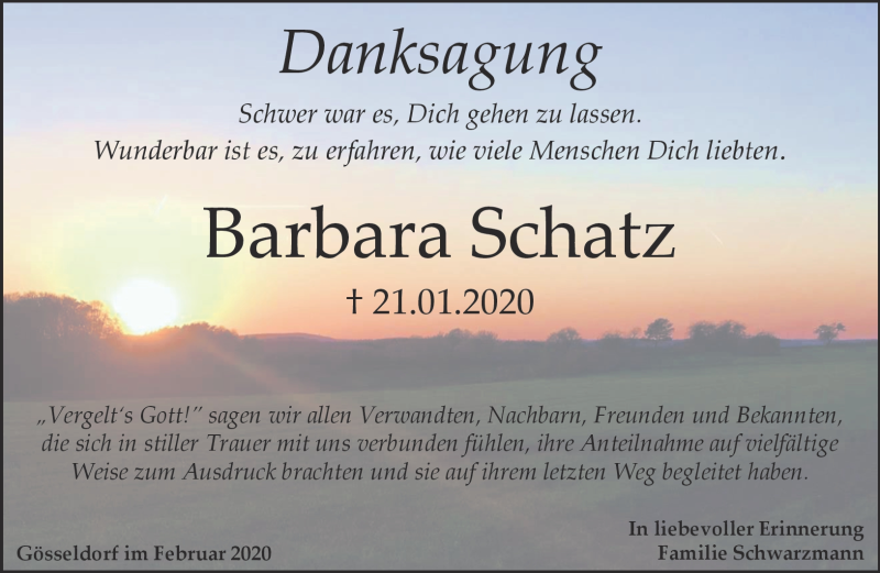  Traueranzeige für Barbara Schatz vom 01.02.2020 aus Nordbayerischer Kurier