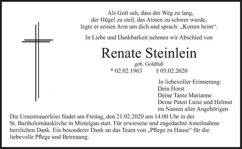  Traueranzeige für Renate Steinlein vom 18.02.2020 aus Nordbayerischer Kurier