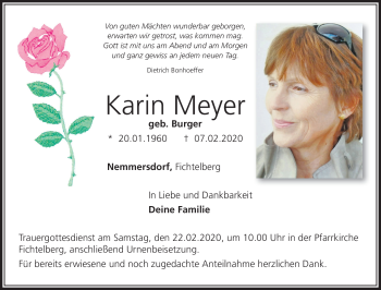Anzeige von Karin Meyer von Nordbayerischer Kurier