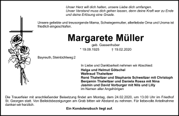 Anzeige von Margarete Müller von Nordbayerischer Kurier