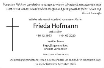 Anzeige von Frieda Hofmann von Nordbayerischer Kurier