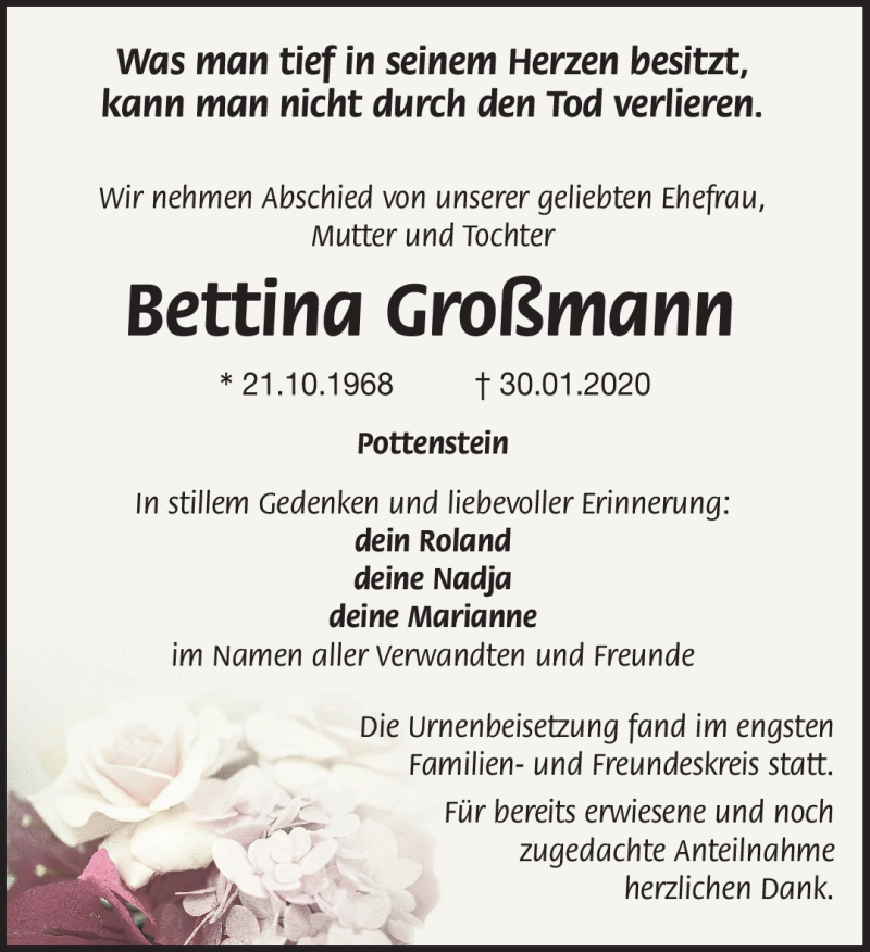  Traueranzeige für Bettina Großmann vom 21.02.2020 aus Nordbayerischer Kurier