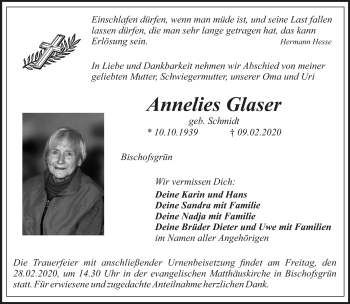 Anzeige von Annelies Glaser von Nordbayerischer Kurier
