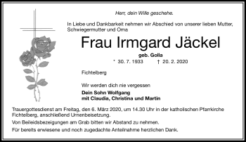 Anzeige von Irmgard Jäckel von Nordbayerischer Kurier