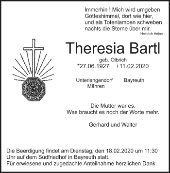 Anzeige von Theresia Bartl von Nordbayerischer Kurier