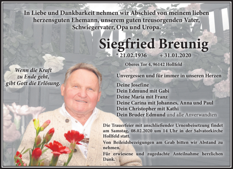  Traueranzeige für Siegfried Breunig vom 06.02.2020 aus Nordbayerischer Kurier