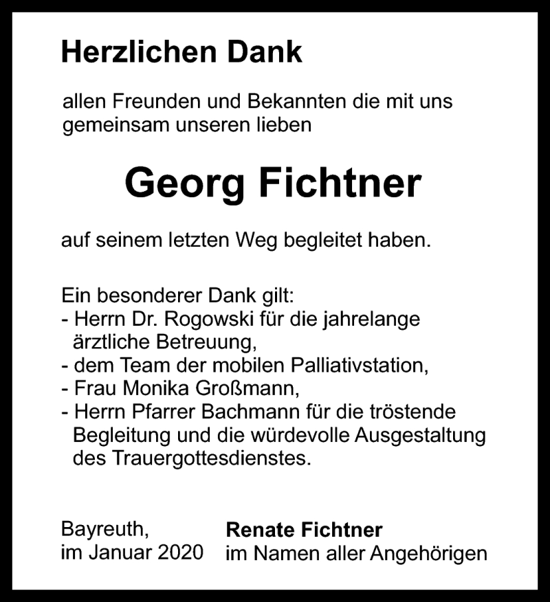  Traueranzeige für Georg Fichtner vom 01.02.2020 aus Nordbayerischer Kurier