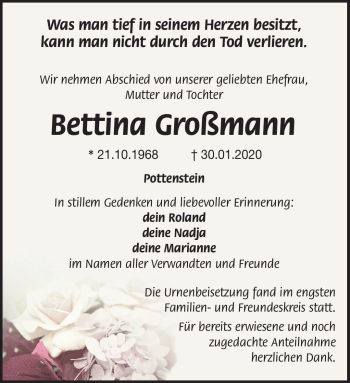 Anzeige von Bettina Großmann von Nordbayerischer Kurier