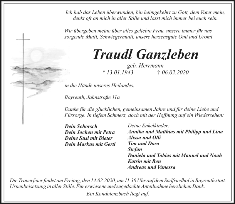  Traueranzeige für Traudl Ganzleben vom 11.02.2020 aus Nordbayerischer Kurier