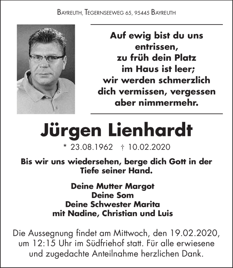  Traueranzeige für Jürgen Lienhardt vom 15.02.2020 aus Nordbayerischer Kurier