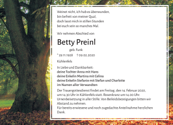 Anzeige von Betty Preinl Preinl von Nordbayerischer Kurier
