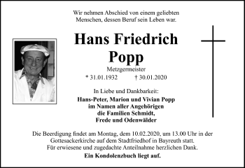 Anzeige von Hans Friedrich von Nordbayerischer Kurier